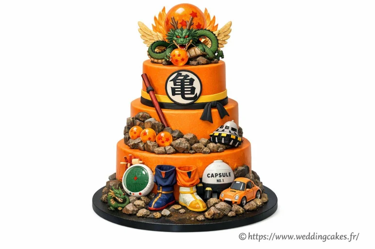 Wedding cake thème Dragon Ball Z : un gâteau orange mandarine en 4 étages