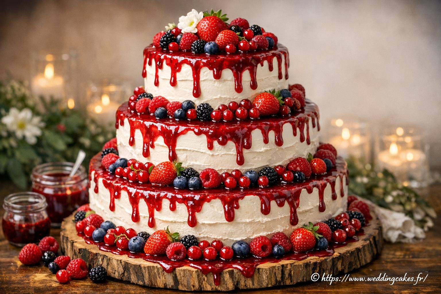 Rouges Cakes Wedding cake fruits rouges avec coulis maison en 3 étages