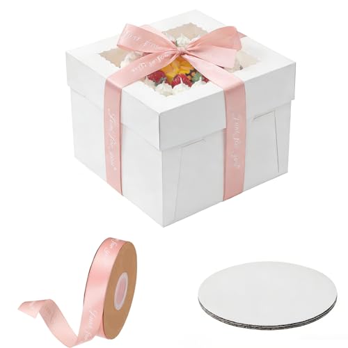 DEMOCRATIDO Boîte à Gâteau Transport avec Fenêtre 25x25x20cm - Lot de 10 avec 10 Plateaux + Ruban - Boite Gateau pour Bento Cake 20cm - Emballage Pâtisserie Anniversaire (10, 30x30x20 cm)