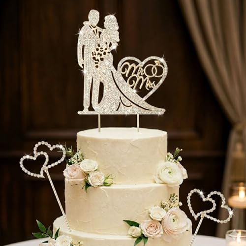 Figurine Gateau Mariage, Mr And Mrs Cake Topper Avec Coeurs 