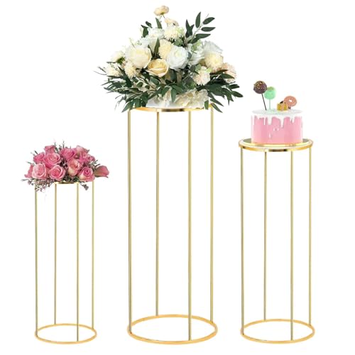 Lot de 3 supports cylindriques dorés pour fêtes, gâteaux ron