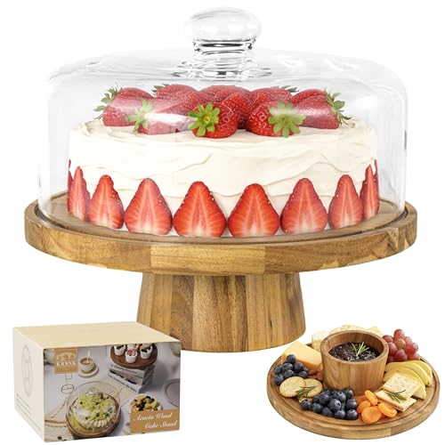 Présentoir à gâteau en bois dacacia avec couvercle, support 