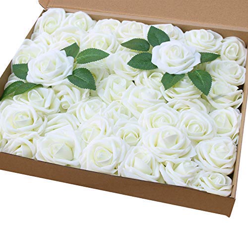 Amajoy Lot de 50 roses artificielles de couleur ivoire à las
